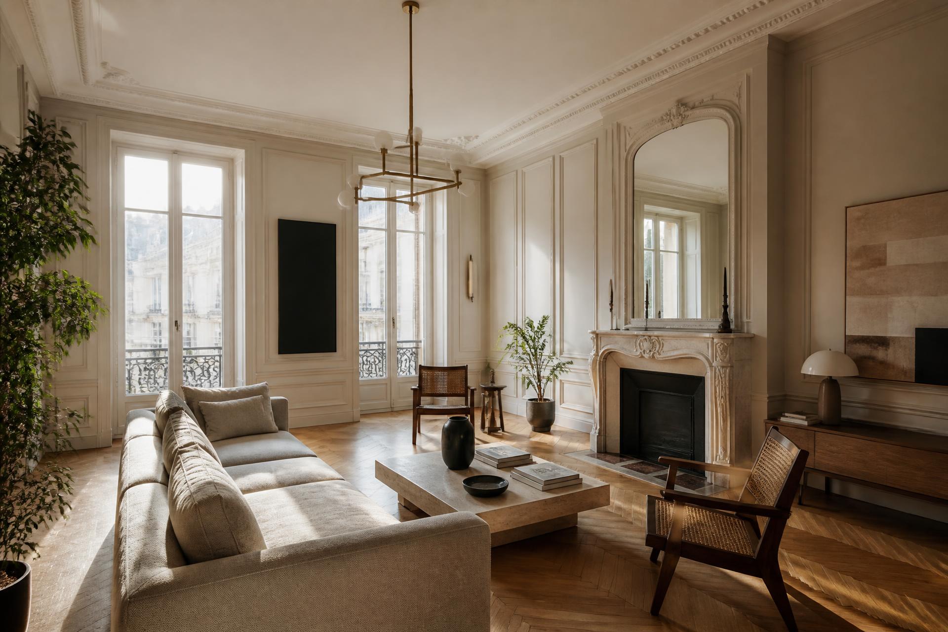 Séjour d'un appartement nantais rénové, murs beige et parquet chêne